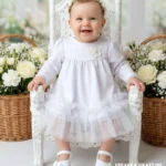 Biała sukienka do chrztu Lukrecja z długim rękawem i tiulowym dołem