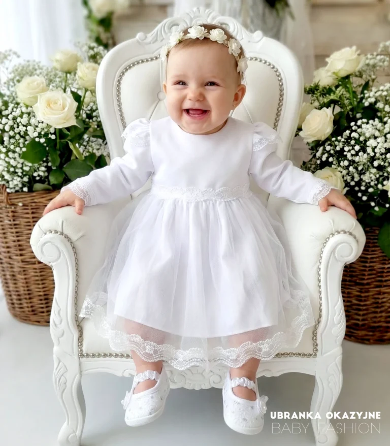Biała sukienka do chrztu dla dziewczynki model Nadia z tiulem i koronką.