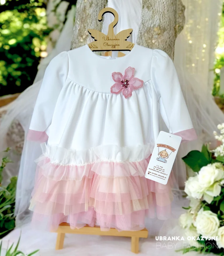 Sukienka do chrztu Truskawkowe love z długim rękawem