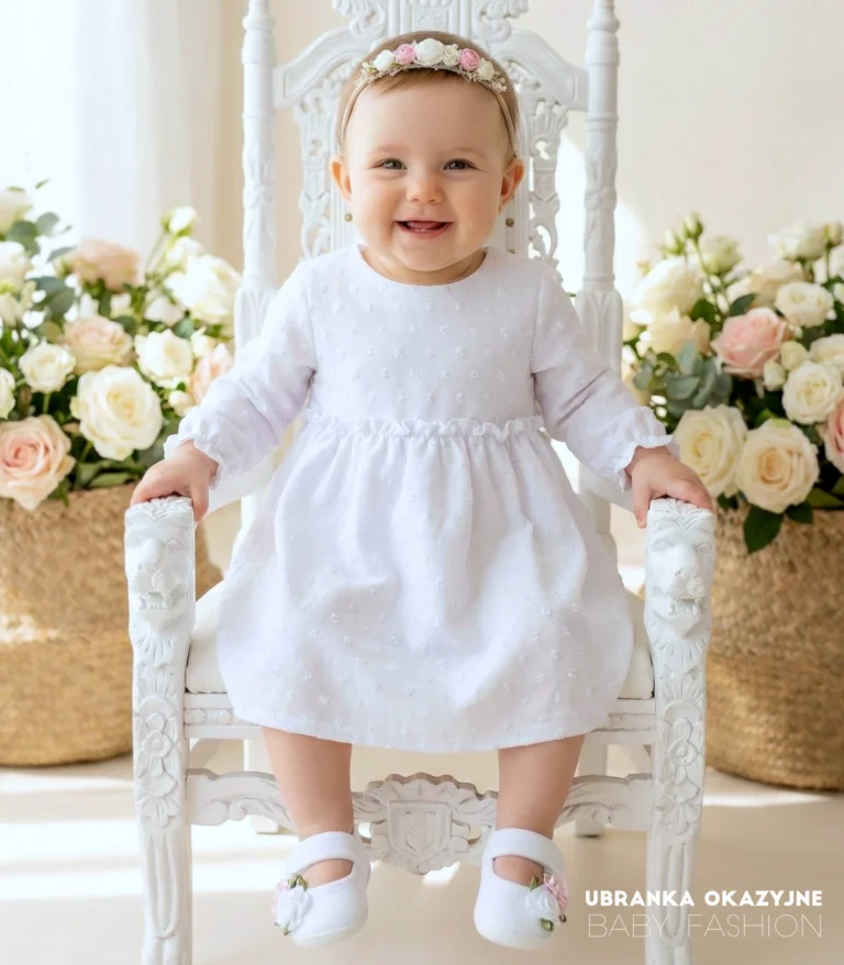Ubranko do chrztu dla dziewczynki: biała sukienka bawełniana.