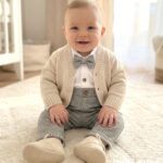 Elegancki komplet do chrztu dla chłopca z beżowym sweterkiem, spodniami w kratę i muszką.