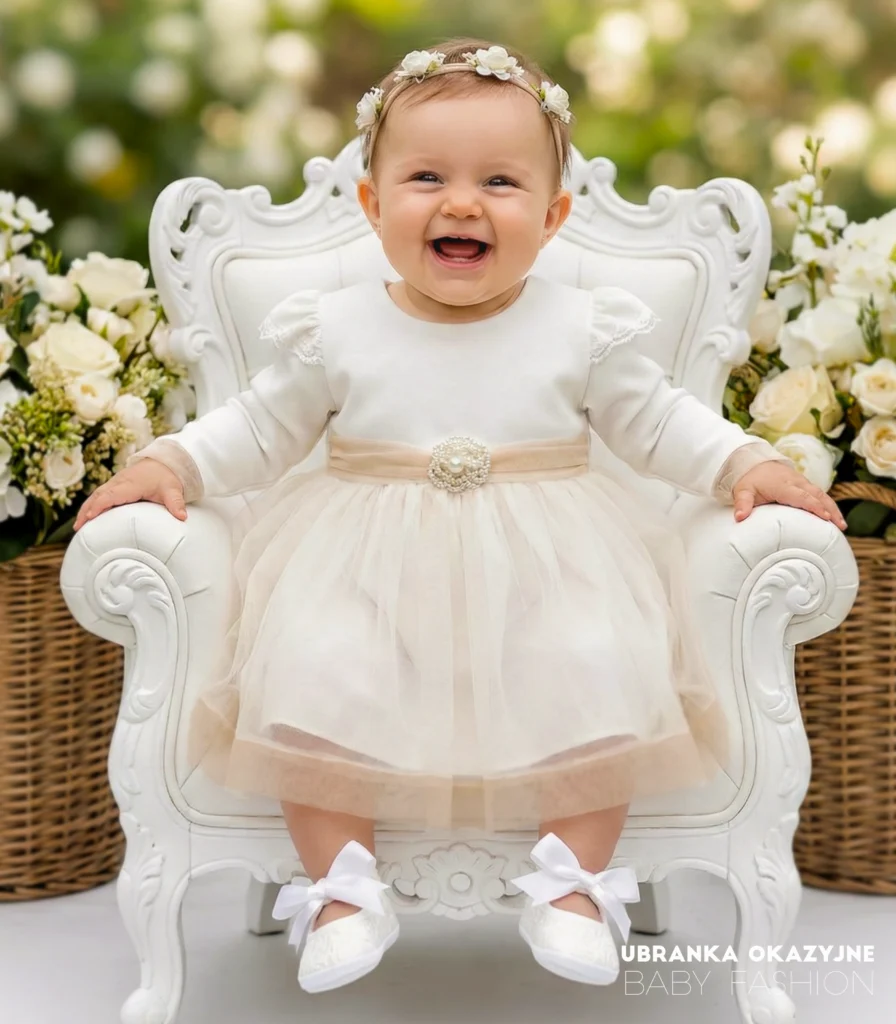 Elegancka sukienka do chrztu Michelle w kolorze ecru z tiulowym dołem i ozdobną broszką.