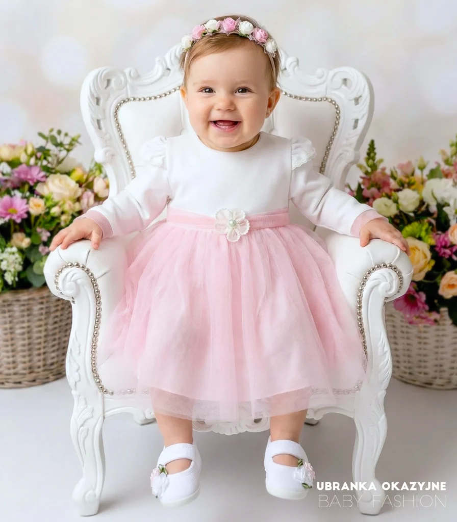Biało-różowa sukienka do chrztu z tiulowym dołem i ozdobnym kwiatkiem w pasie.