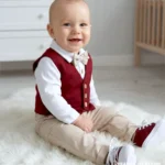 Eleganckie ubranko do chrztu dla chłopca – zestaw z bordową kamizelką, beżowymi spodniami i muchą.