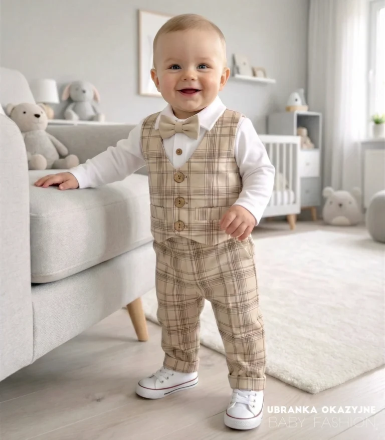 Elegancki zestaw do chrztu dla chłopca w beżową kratę spodnie z kamizelką i muchą - model Kajetanek.