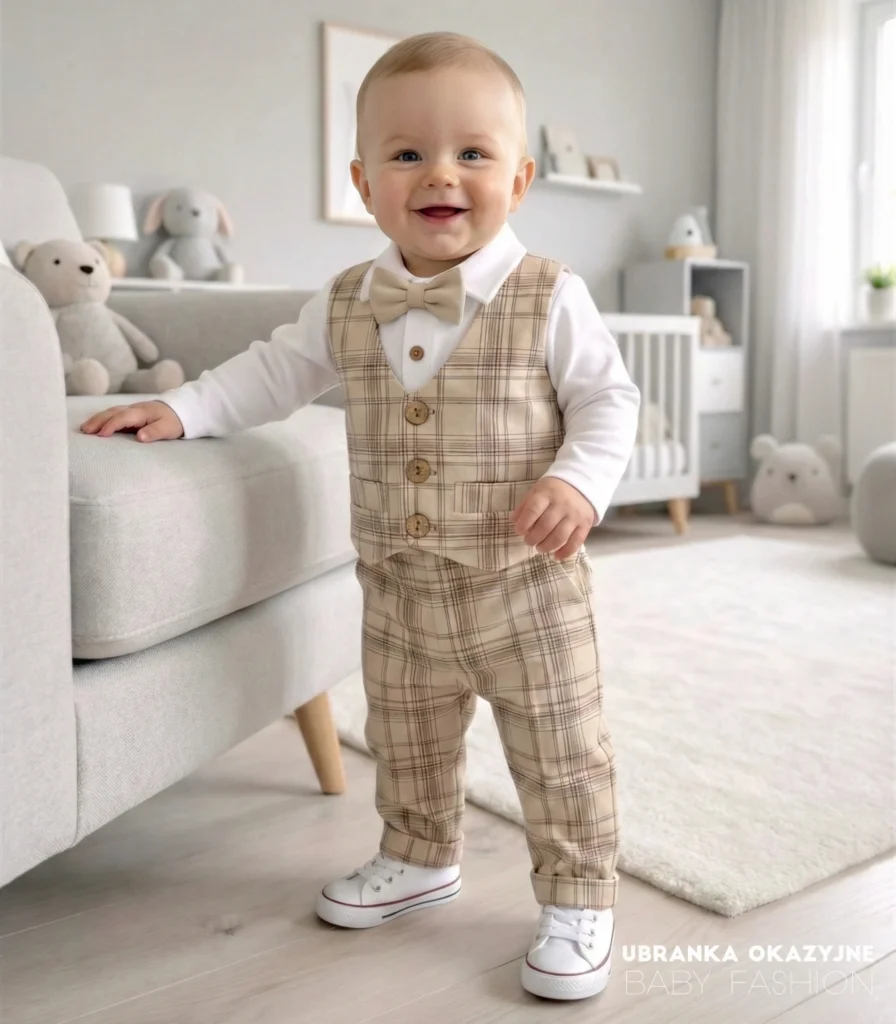 Elegancki zestaw do chrztu dla chłopca w beżową kratę spodnie z kamizelką i muchą - model Kajetanek.
