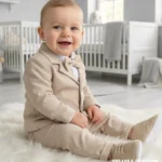 Eleganckie ubranko okazyjne dla chłopca na chrzest lub roczek - jasnobeżowy garniturek dziecięcy.