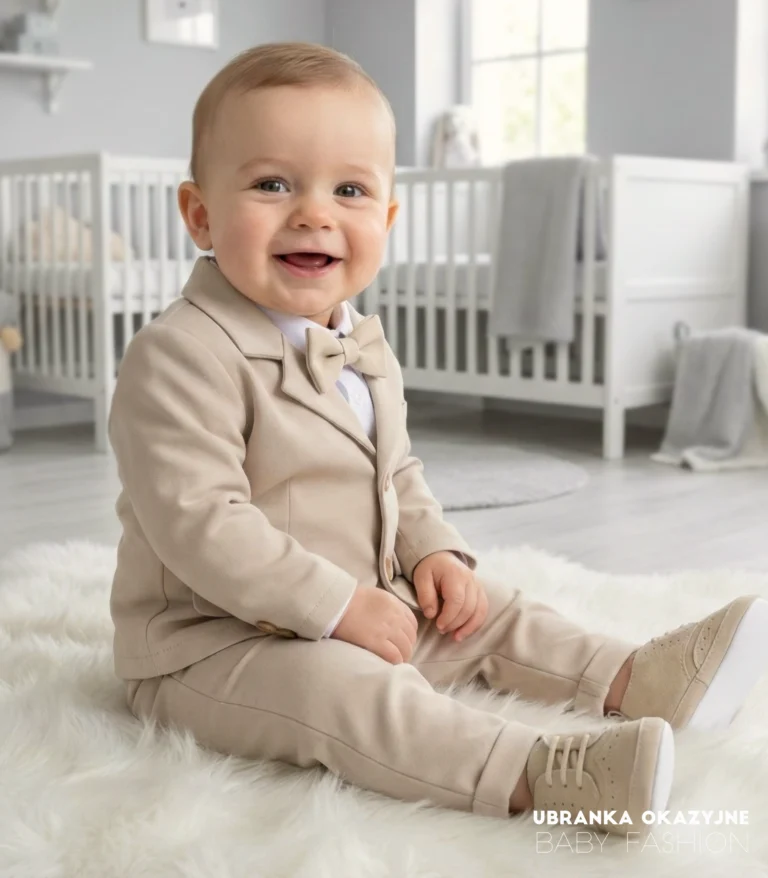 Eleganckie ubranko okazyjne dla chłopca na chrzest lub roczek - jasnobeżowy garniturek dziecięcy.
