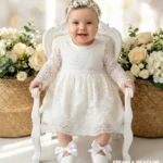 Koronkowa sukienka do chrztu w kolorze ecru z długim rękawem dla dziewczynki.
