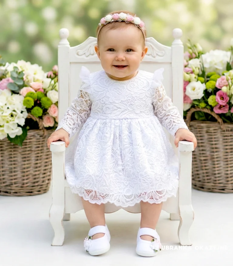 Biała sukienka do chrztu z koronki z długim rękawem i ozdobnymi patkami na ramionach.
