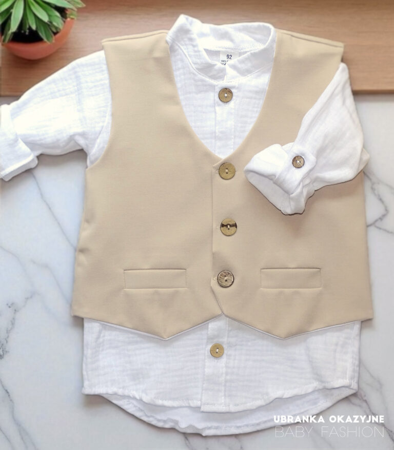 Elegancka beżowa kamizelka garniturowa dla chłopca zapinana na guziki
