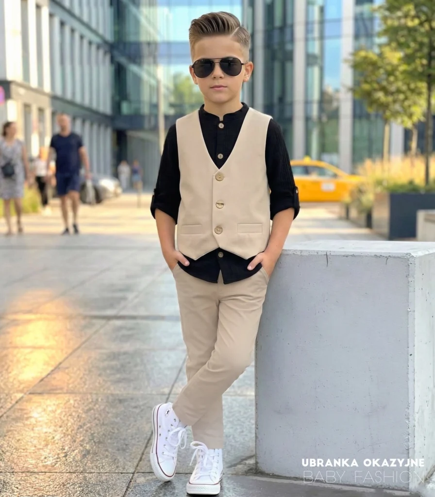 Elegancka beżowa kamizelka garniturowa dla chłopca zapinana na guziki