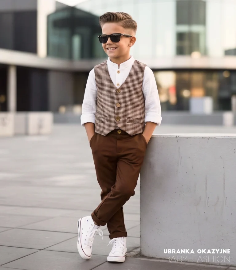 Brązowa kamizelka garniturowa dla chłopca z drewnianymi guzikami.