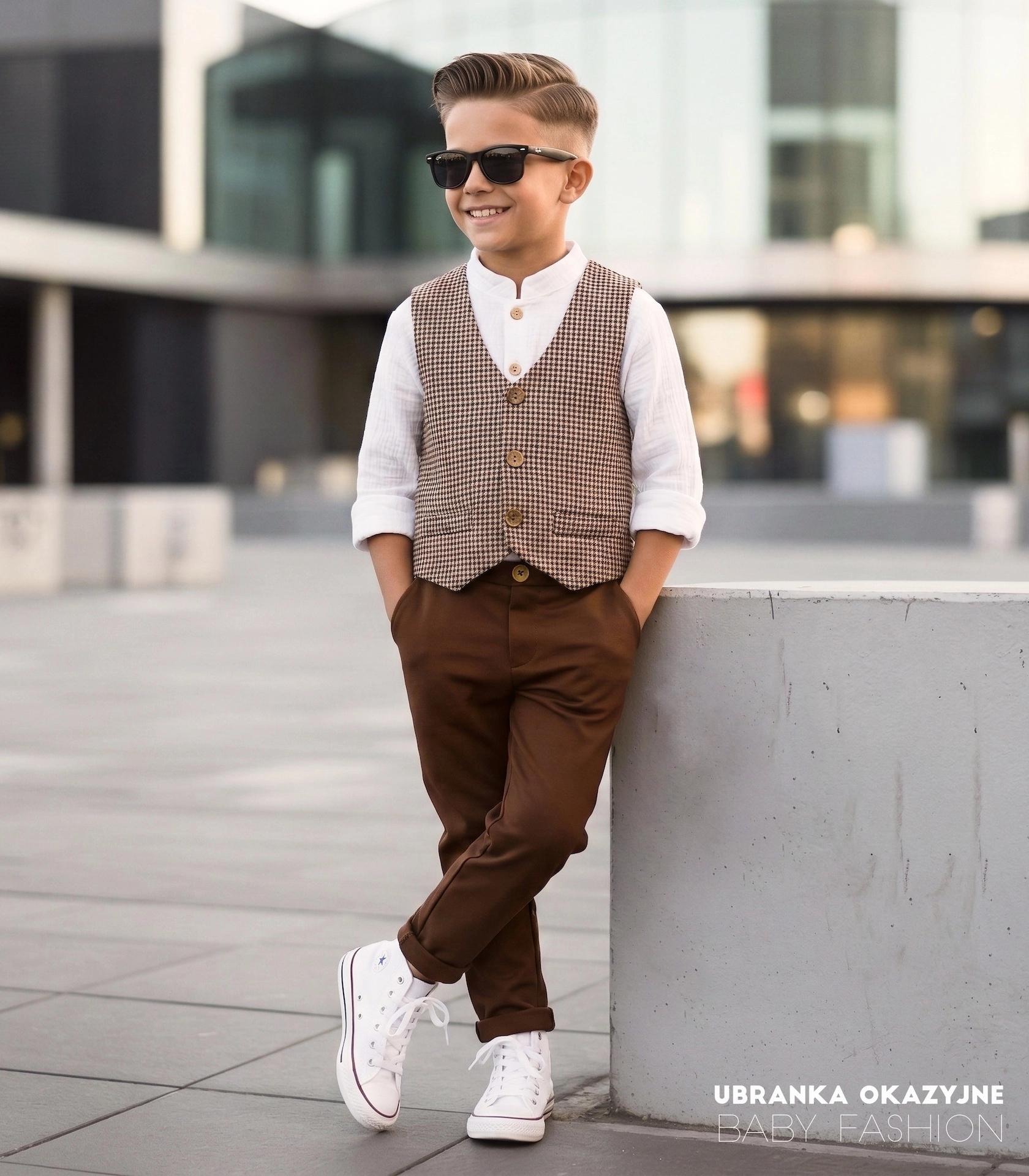 Brązowa kamizelka garniturowa dla chłopca z drewnianymi guzikami.