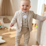 Beżowy garnitur niemowlęcy z kamizelką w kratę i muchą