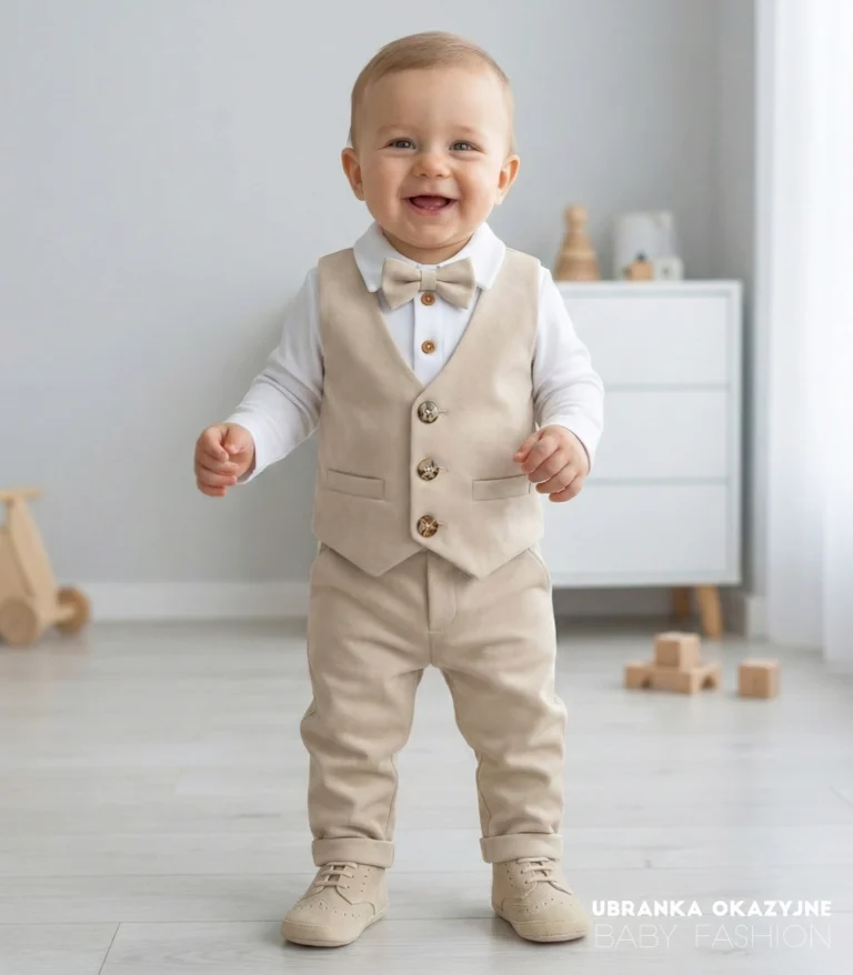 Beżowy zestaw do chrztu dla chłopca - komplet z kamizelką, spodniami i muszką