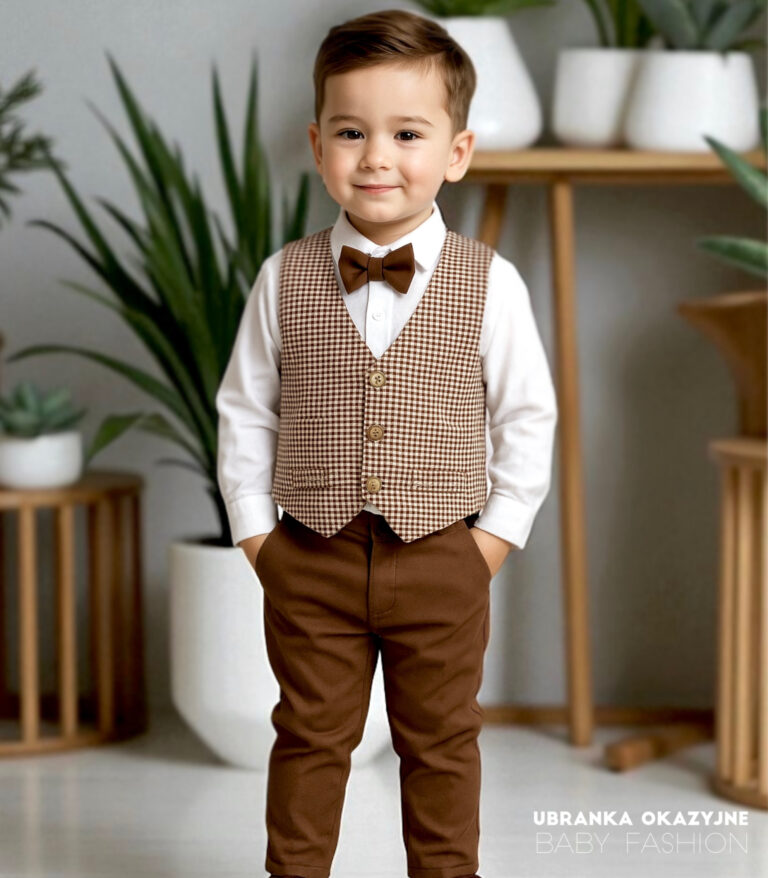 Modne czekoladowe spodnie wizytowe dla chłopca
