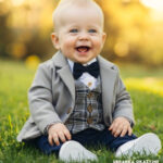 Elegancki szary płaszczyk do chrztu dla chłopca o kroju marynarki z guzikami.