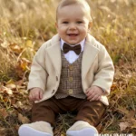 Beżowy płaszczyk niemowlęcy o kroju marynarki, zapinany na guziki - ciepła kurtka wizytowa.