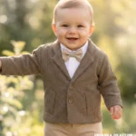 Brązowa kurtka niemowlęca w pepitkę z pikowaną podszewką - elegancka odzież dla chłopca