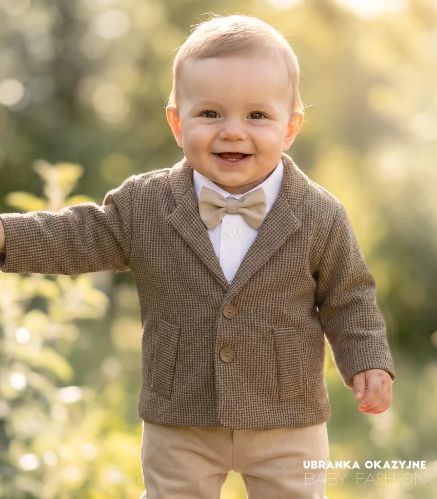 Brązowa kurtka niemowlęca w pepitkę z pikowaną podszewką - elegancka odzież dla chłopca