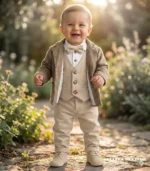 Brązowa kurtka niemowlęca w pepitkę z pikowaną podszewką - elegancka odzież dla chłopca