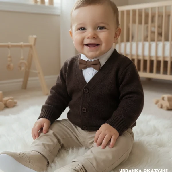 Elegancki czekoladowy sweterek dla chłopca na roczek lub wesele – wizytowy kardigan niemowlęcy.
