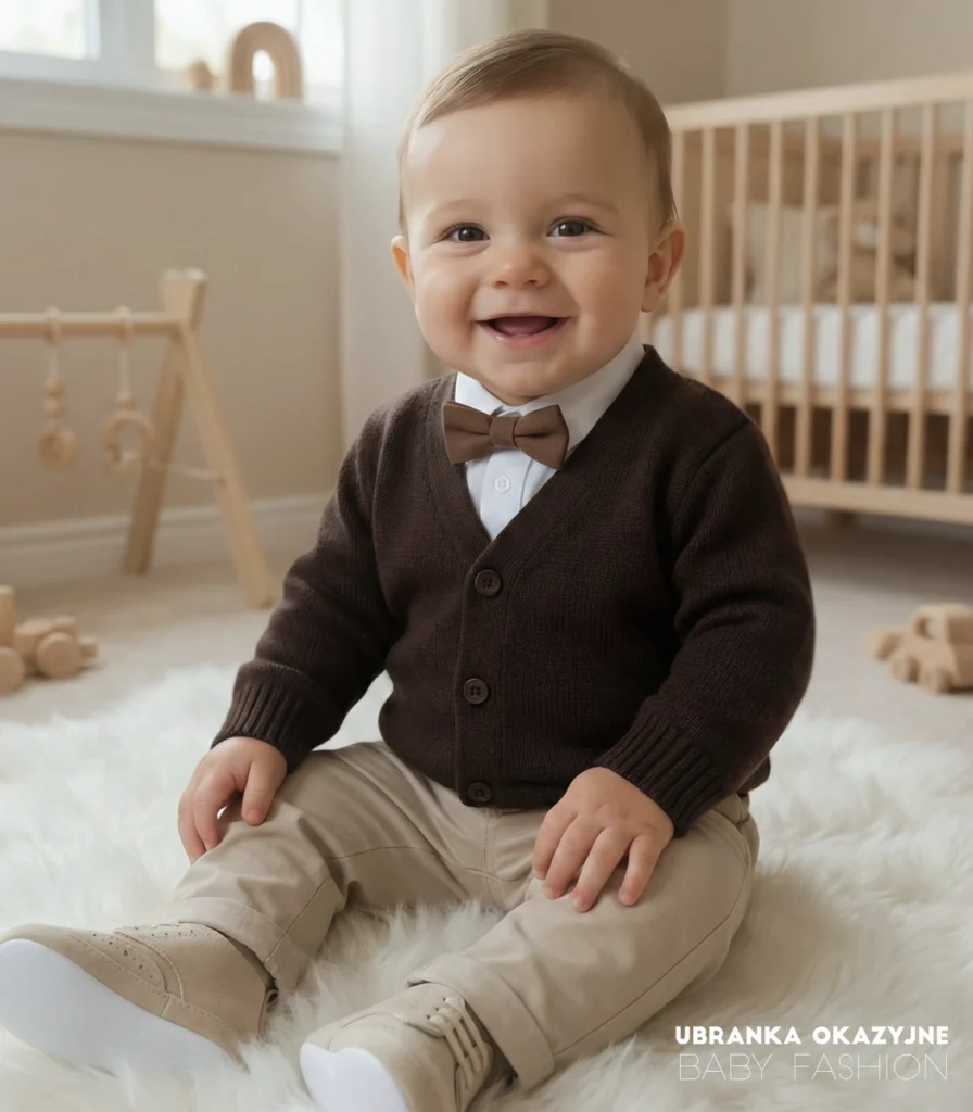 Elegancki czekoladowy sweterek dla chłopca na roczek lub wesele – wizytowy kardigan niemowlęcy.