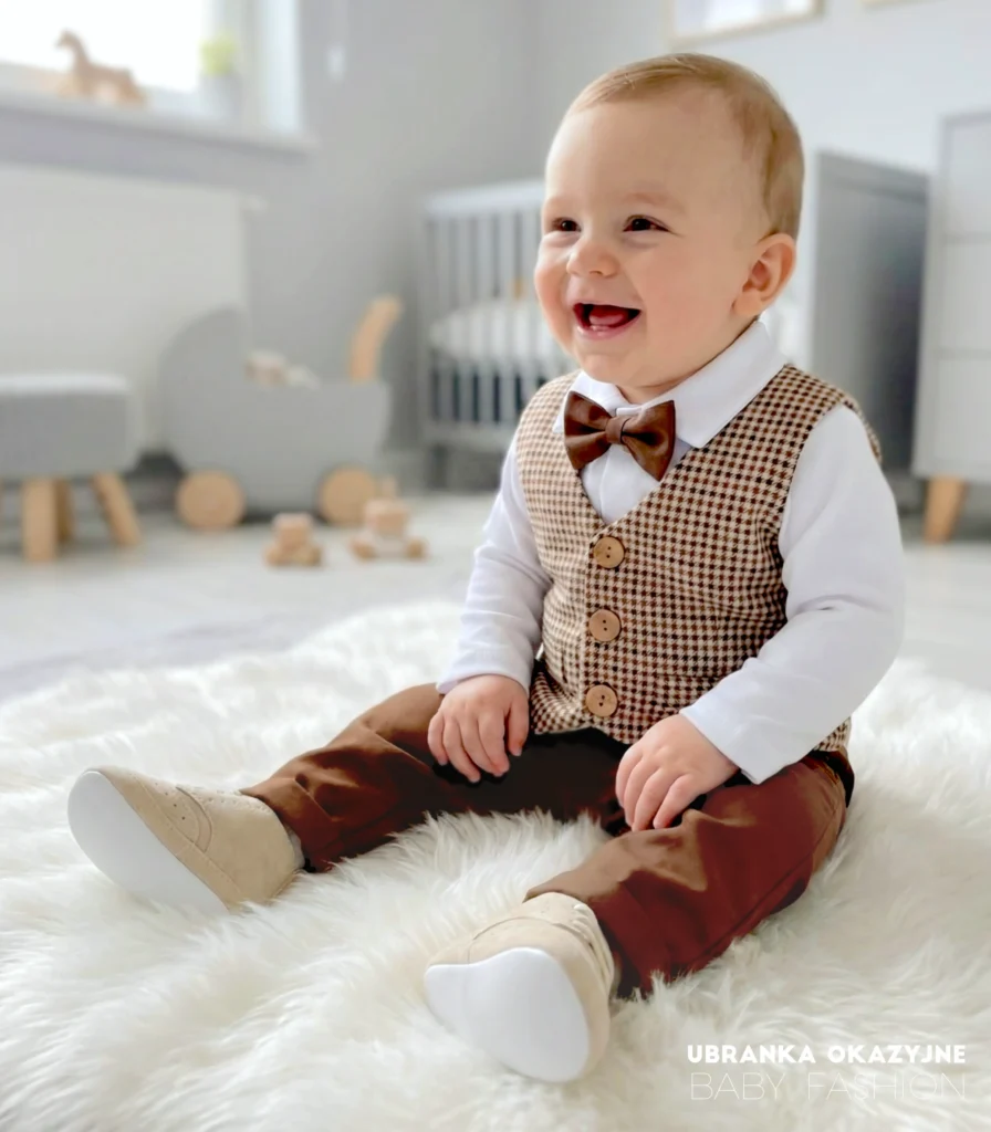 Eleganckie ubranko do chrztu dla chłopca: brązowe spodnie, kamizelka w kratkę, biała koszula i muszka.