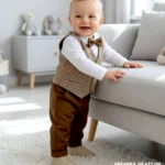 Eleganckie ubranko do chrztu dla chłopca: brązowe spodnie, kamizelka w kratkę, biała koszula i muszka.