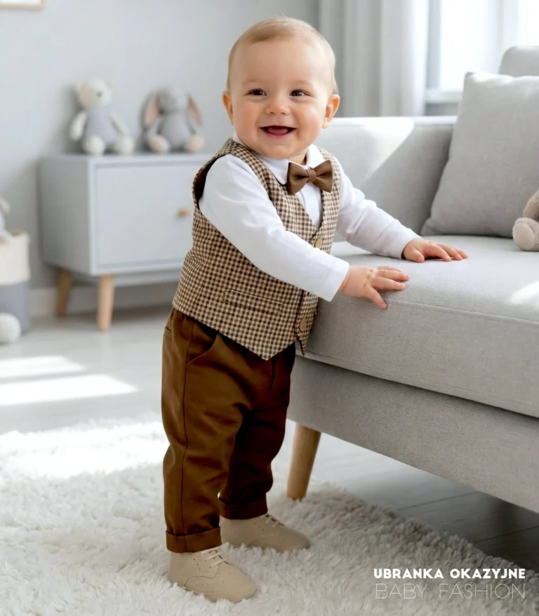 Eleganckie ubranko do chrztu dla chłopca: brązowe spodnie, kamizelka w kratkę, biała koszula i muszka.