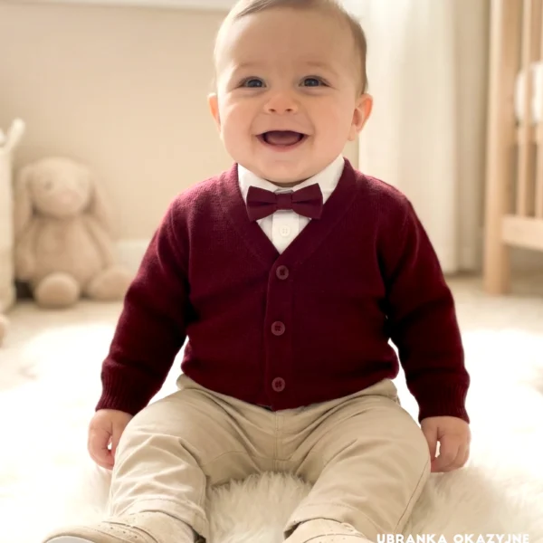 Elegancki bordowy sweterek niemowlęcy typu kardigan dla chłopca