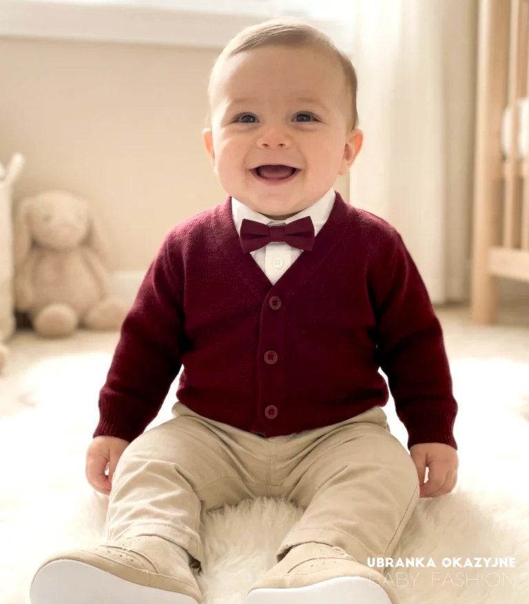 Elegancki bordowy sweterek niemowlęcy typu kardigan dla chłopca