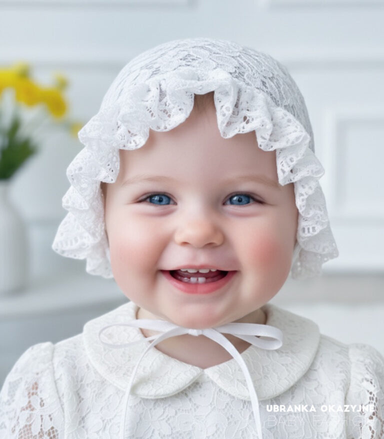 Biała koronkowa czapka do chrztu dla dziewczynki z falbanką w stylu vintage.
