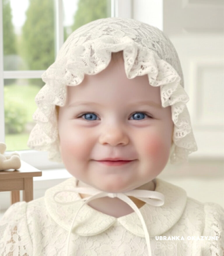 Elegancka czapka do chrztu dla dziewczynki wykonana z koronki
