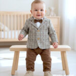 Elegancki garnitur do chrztu dla chłopca w beżowo-brązową kratę z muszką.