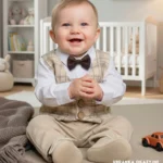 Elegancki komplet do chrztu dla chłopca - beżowa kamizelka w kratę, spodnie i brązowa mucha