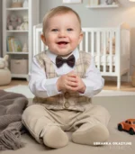 Elegancki komplet do chrztu dla chłopca - beżowa kamizelka w kratę, spodnie i brązowa mucha