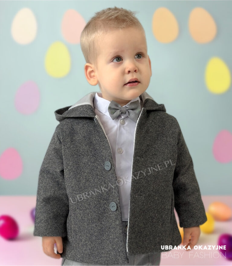 Grafitowa kurtka niemowlęca w drobną pepitkę z kapturem i guzikami