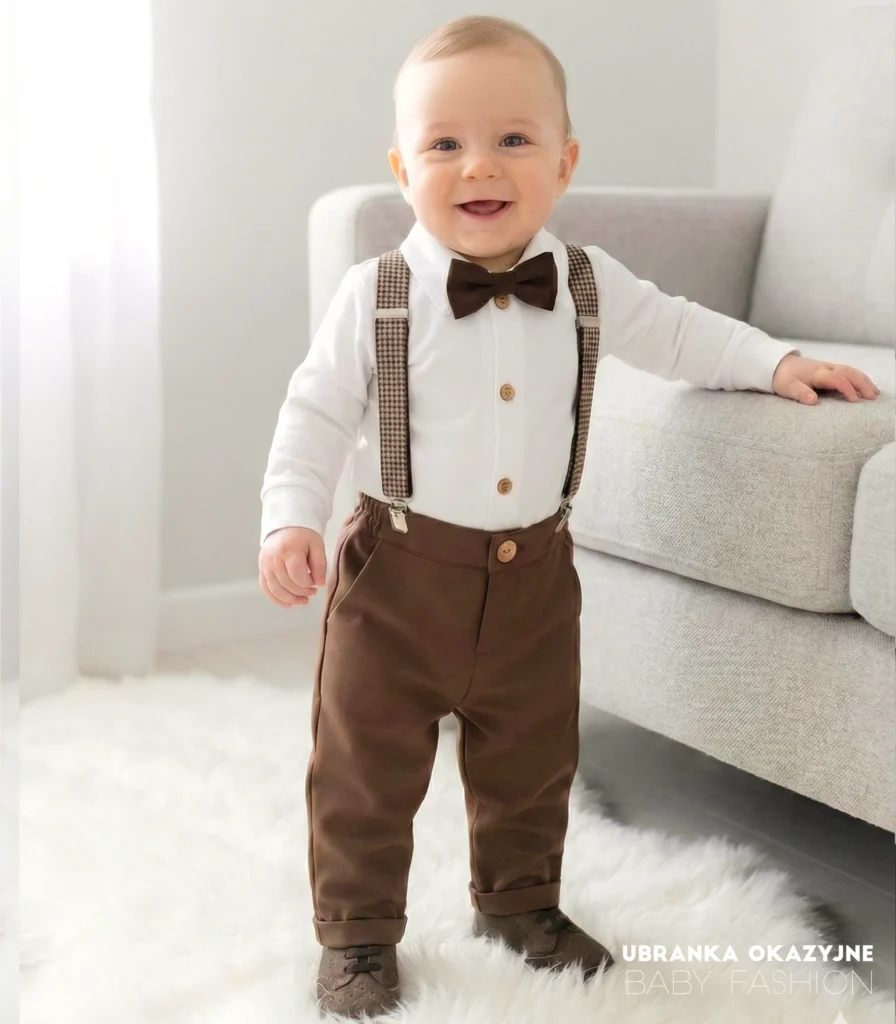 Czekoladowe spodnie wizytowe dla chłopca na chrzest lub roczek