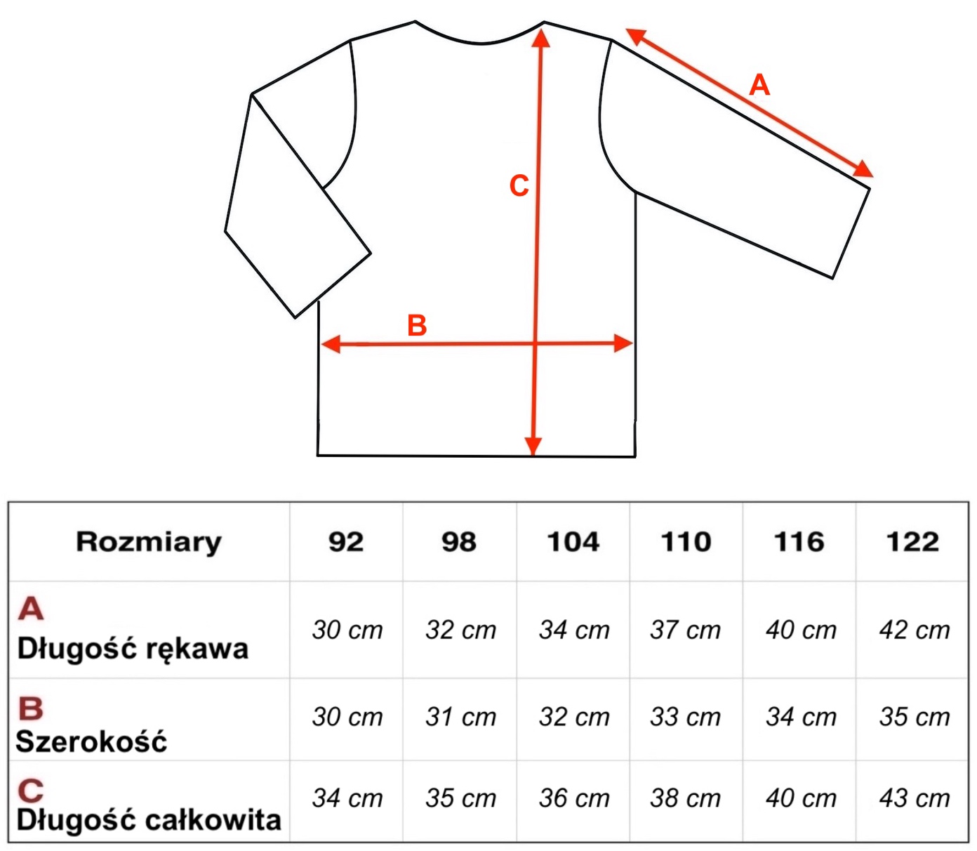 Tabela rozmiarów Sweterki duże