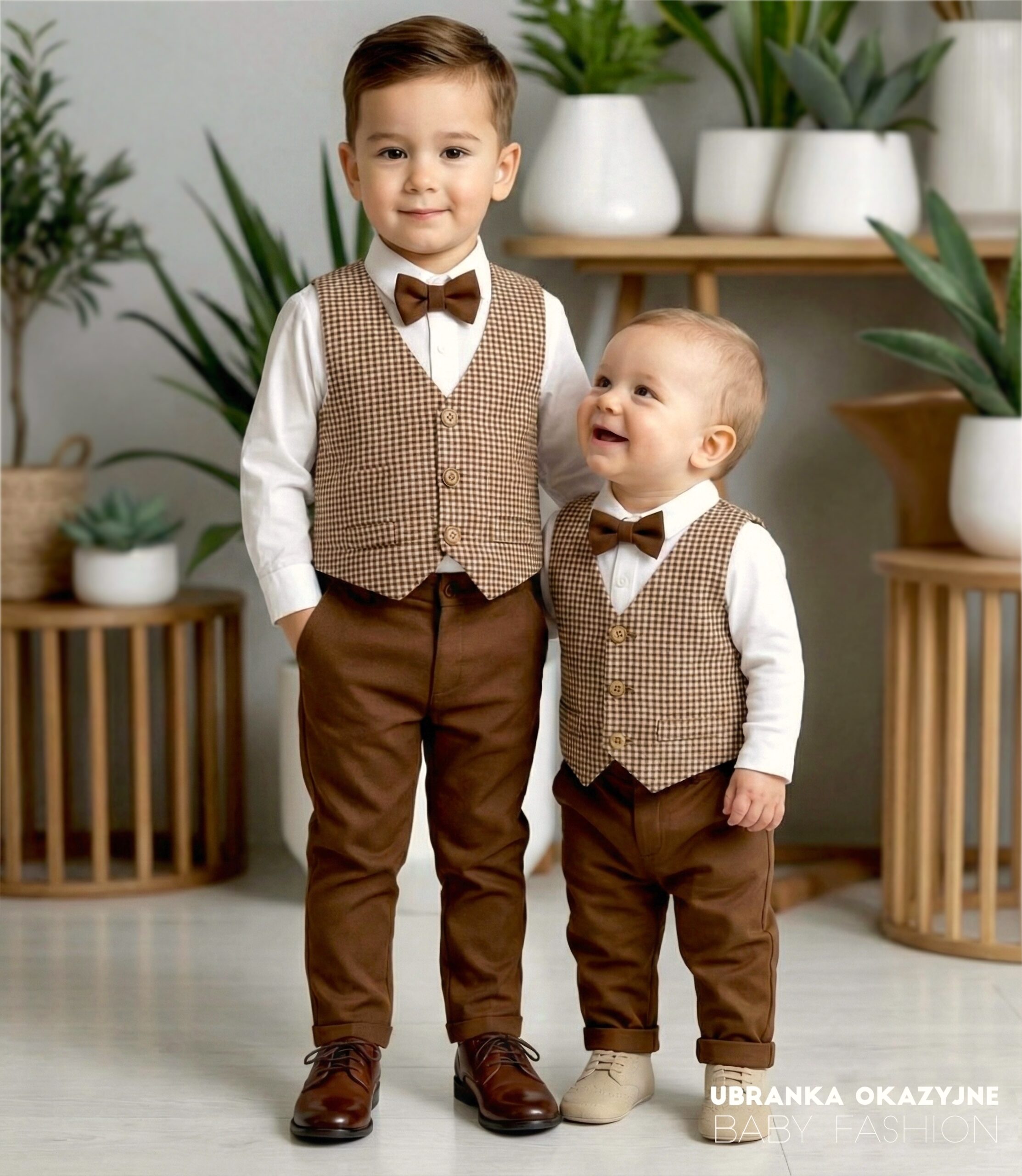 spodnie czekoladowe i kamizelki w brązową pepitkę