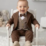 Garniturek dla chłopca w kolorze czekoladowym z kamizelką w brązową pepitkę