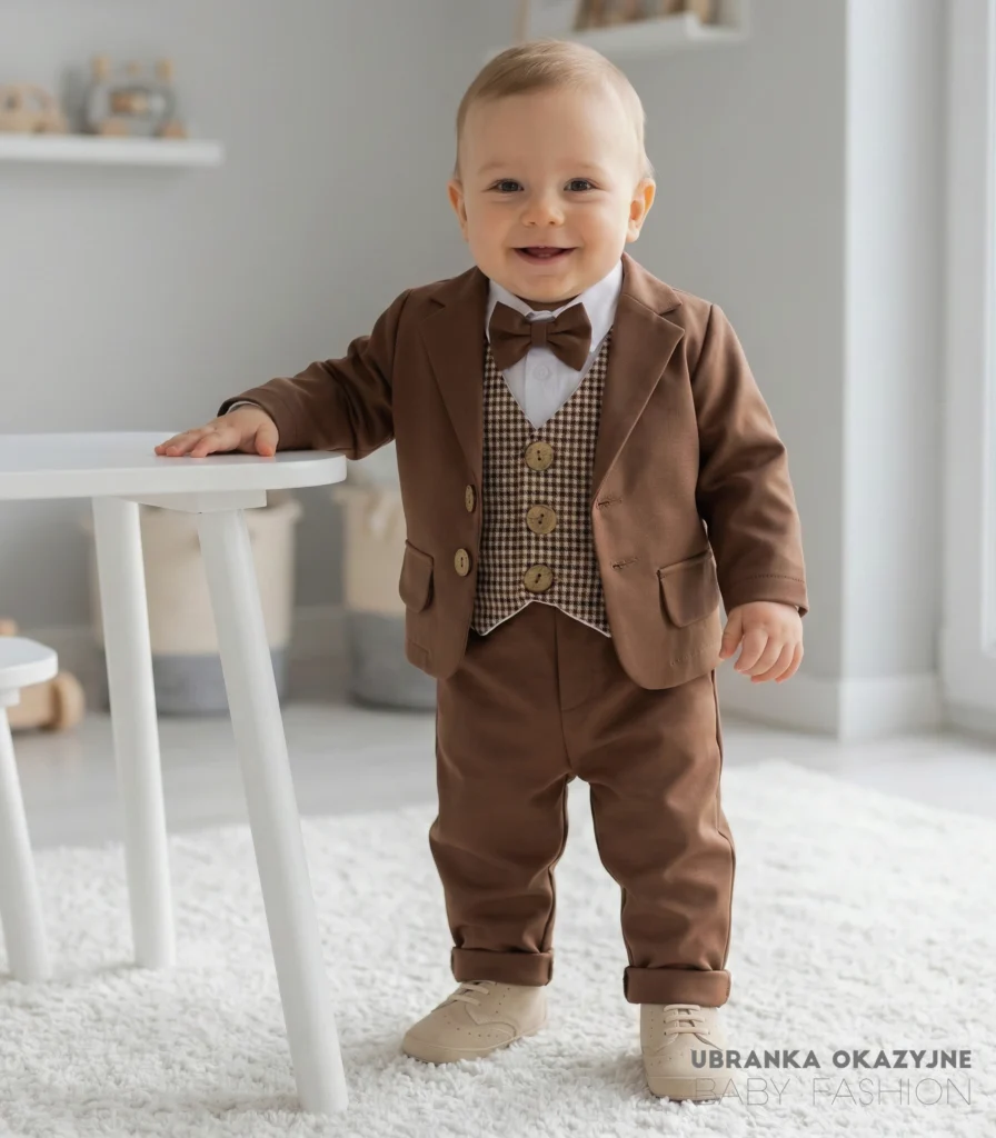Garniturek dla chłopca w kolorze czekoladowym z kamizelką w brązową pepitkę