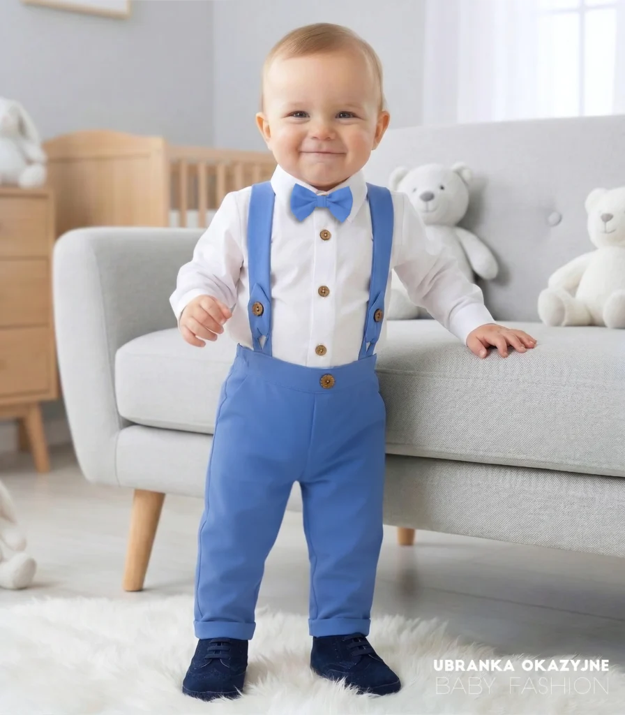 Eleganckie ubranko do chrztu dla chłopca: niebieskie spodnie z szelkami, białe koszulo-body i mucha.