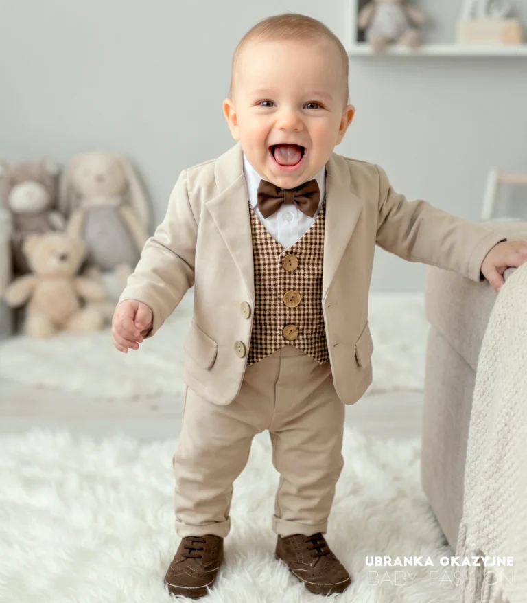 Beżowy garnitur niemowlęcy z kamizelką w pepitkę i muchą