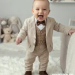 Beżowy garnitur niemowlęcy z kamizelką w pepitkę i muchą