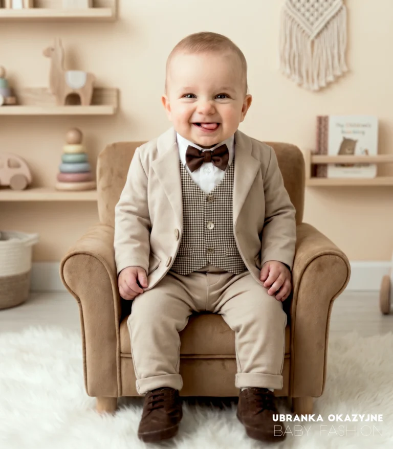 Beżowy garnitur niemowlęcy z kamizelką i muchą