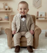 Beżowy garnitur niemowlęcy z kamizelką w pepitkę i muchą