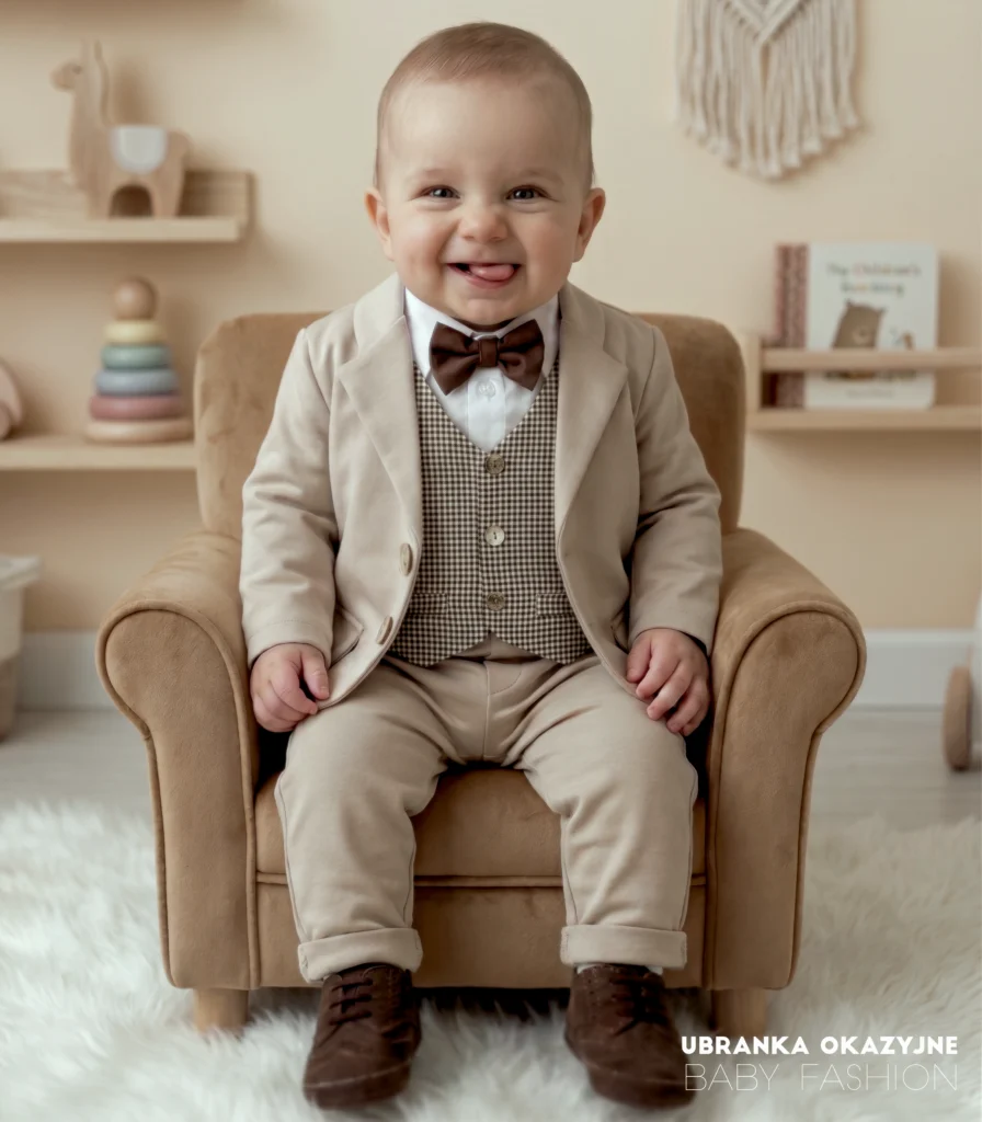 Beżowy garnitur niemowlęcy z kamizelką w pepitkę i muchą